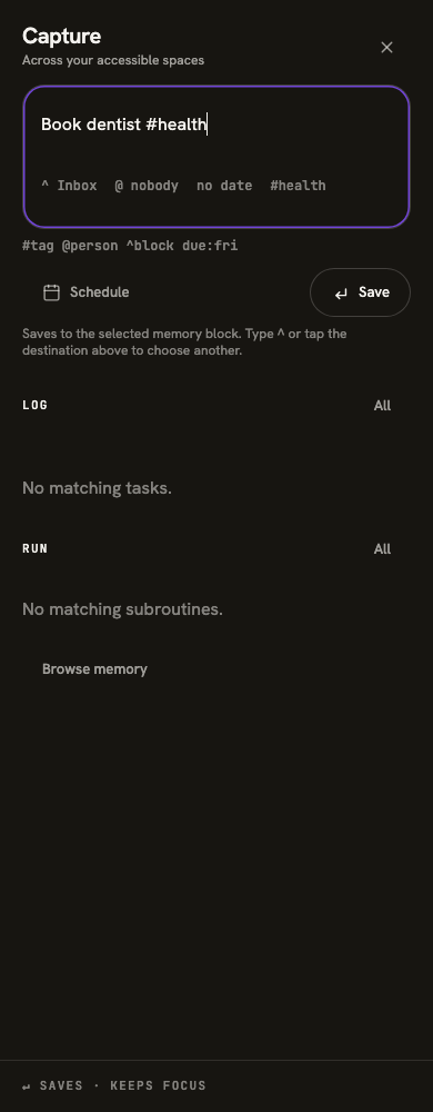 Capture with a memory draft, destination, Schedule and Save actions, and Log and Run sections.