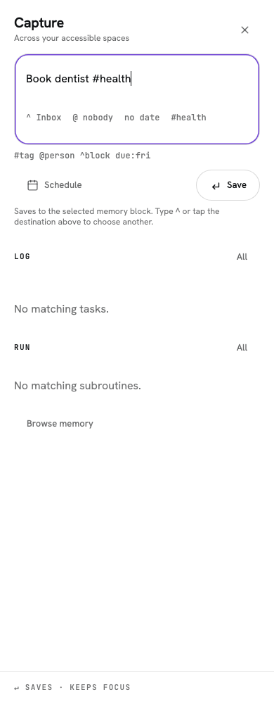 Capture with a memory draft, destination, Schedule and Save actions, and Log and Run sections.