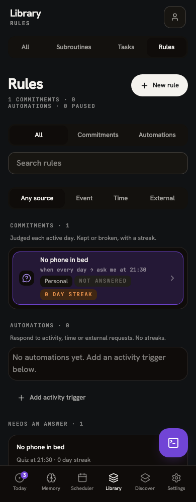 Library with Rules selected, showing the No phone in bed commitment and its Not answered status.