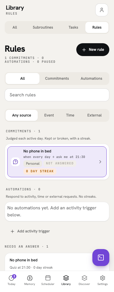 Library with Rules selected, showing the No phone in bed commitment and its Not answered status.