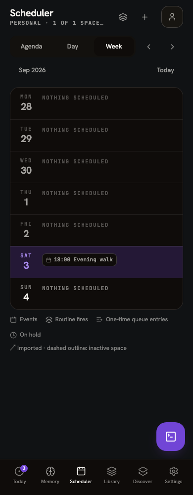 Mobile Scheduler Week, with seven day summaries and an example Evening walk event.