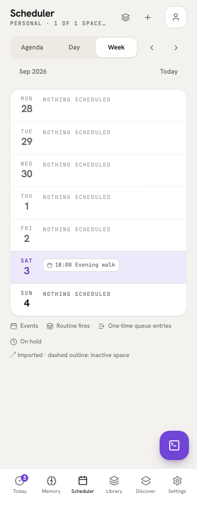 Mobile Scheduler Week, with seven day summaries and an example Evening walk event.