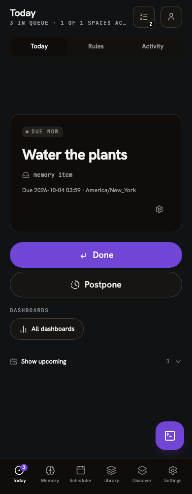 Today on mobile, with current work and the Up next count in the header.
