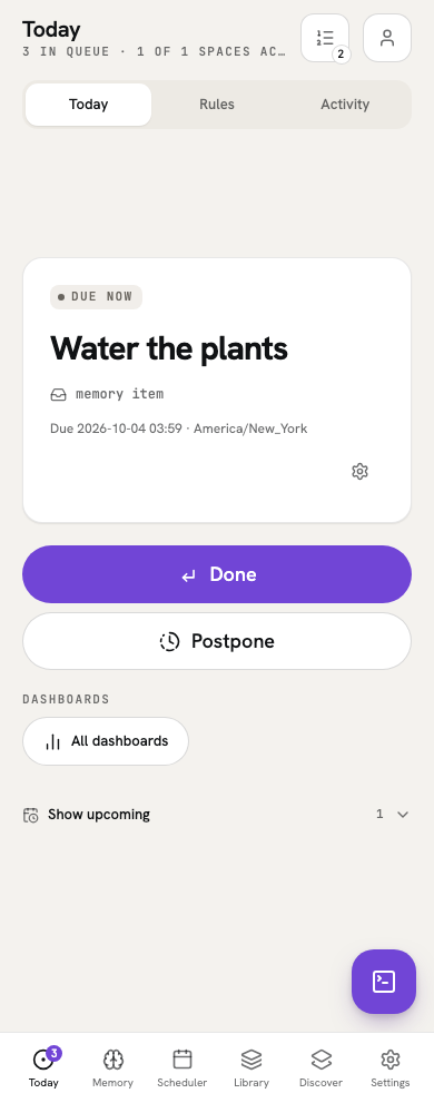 Today on mobile, with current work and the Up next count in the header.